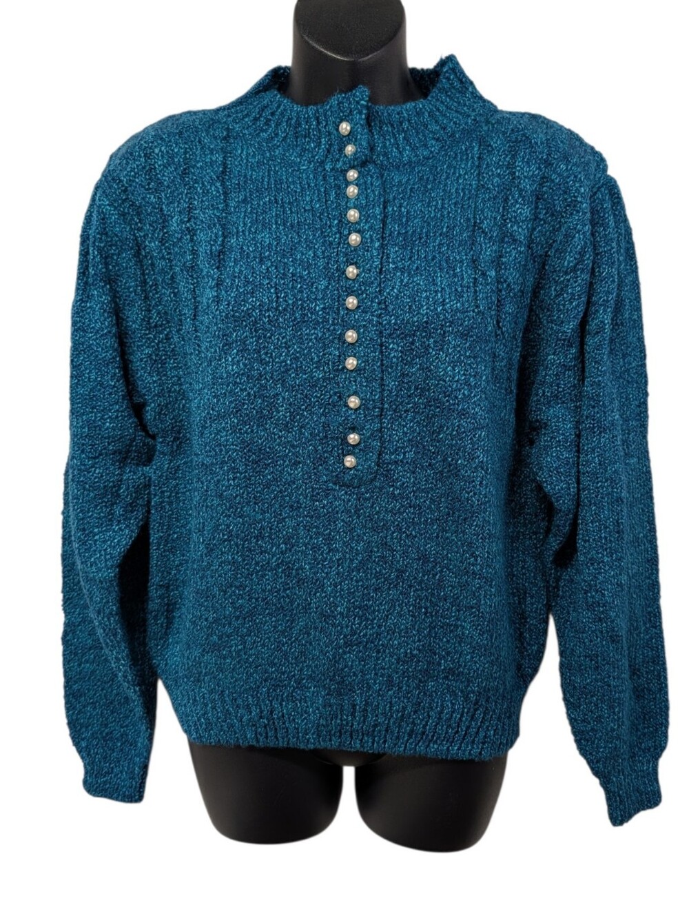 Kimberly Hope Womens Teal Knit Mock Neck Button Placket Pullover Sweater L New